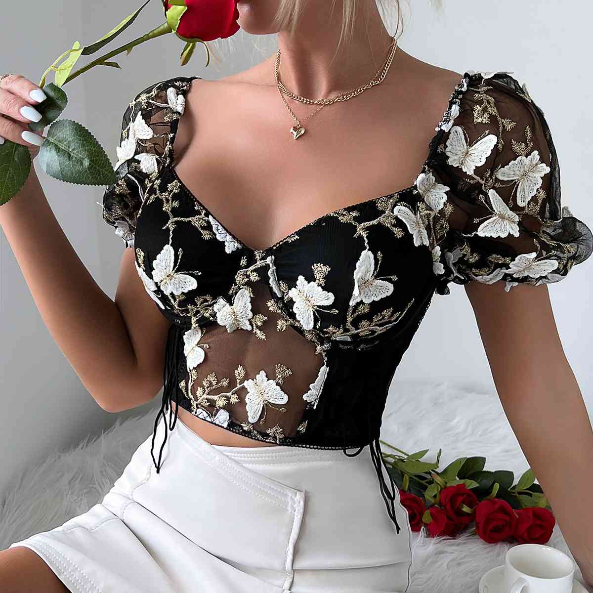 Butterfly Whispers Embroidery Mesh Corset Top