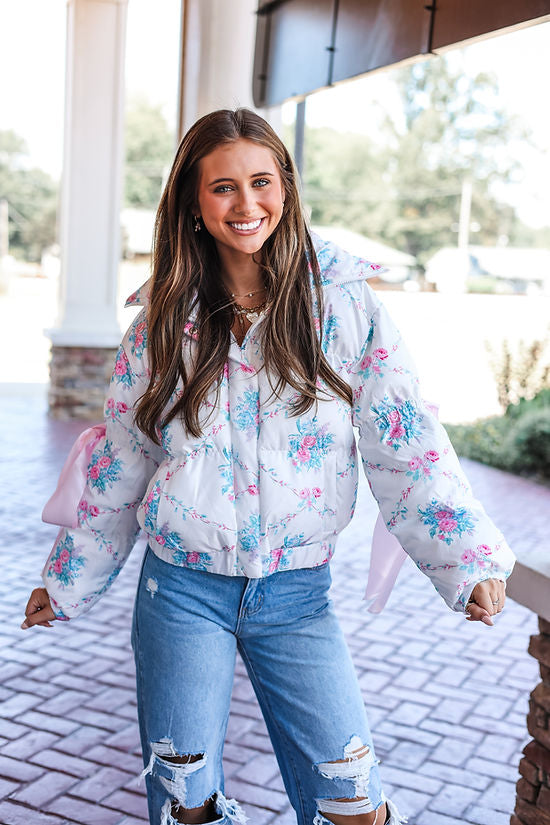 Floral Puffer Jacket with Ribbon