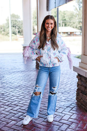 Floral Puffer Jacket with Ribbon