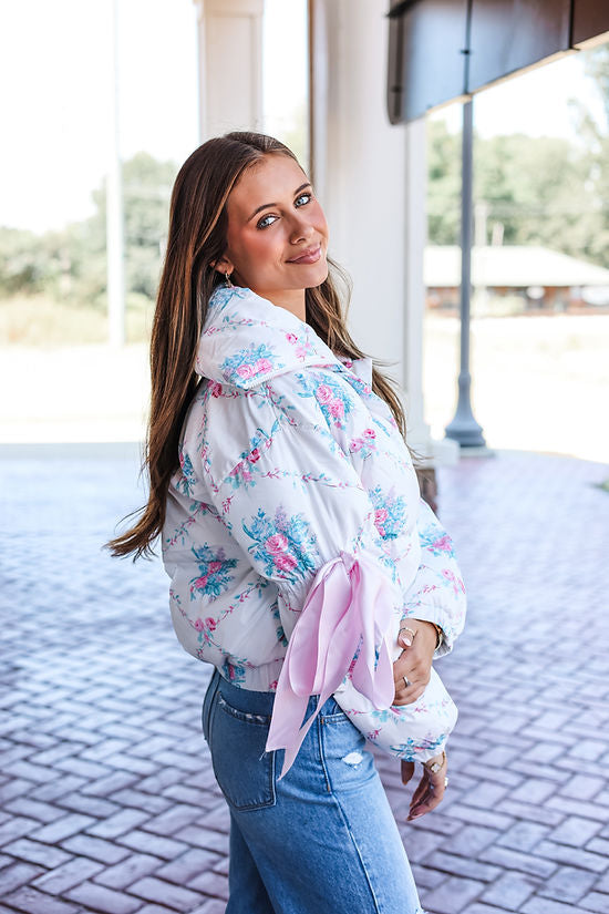 Floral Puffer Jacket with Ribbon