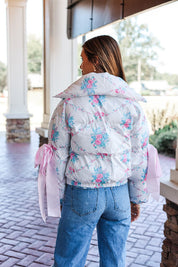 Floral Puffer Jacket with Ribbon