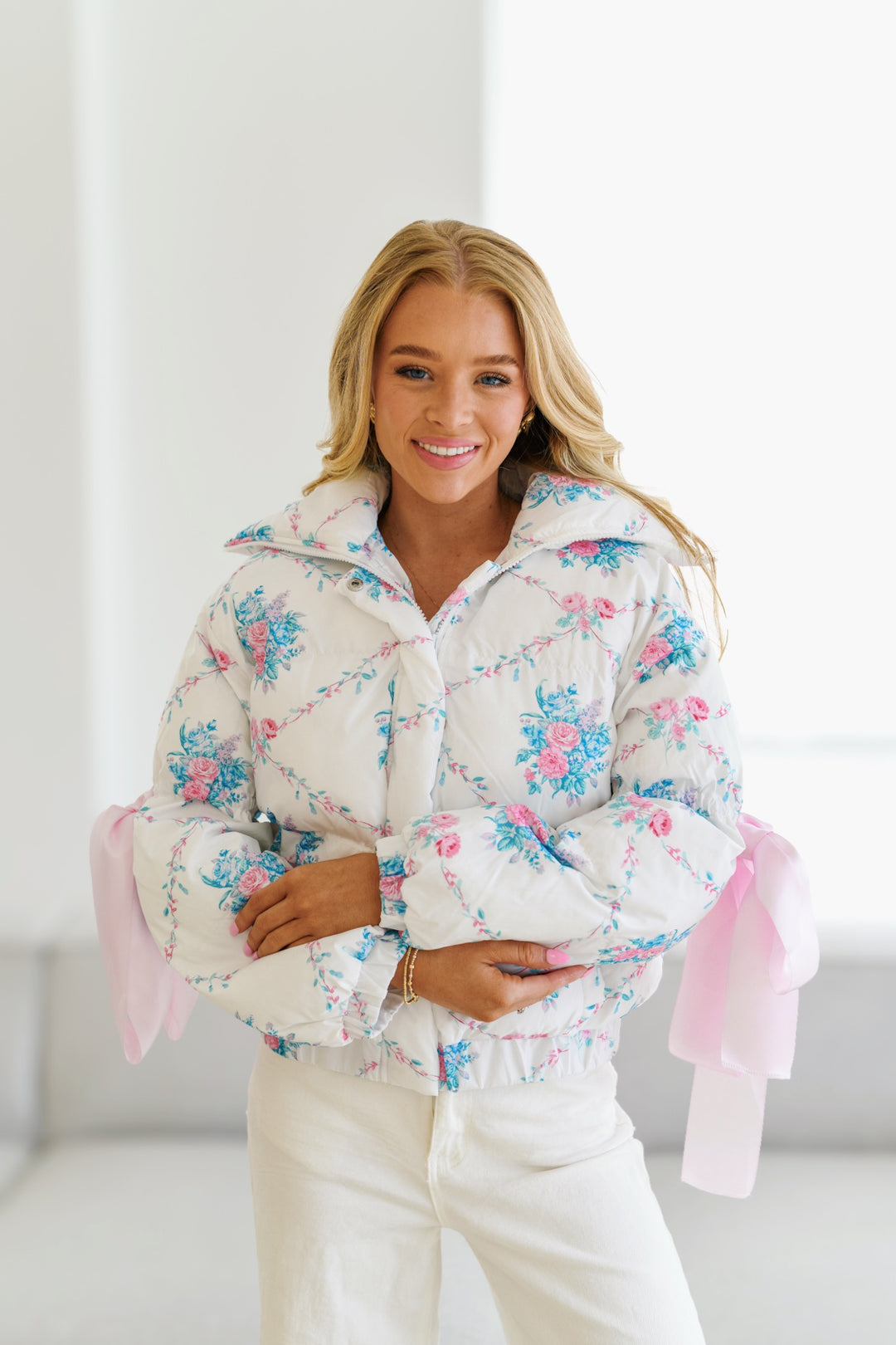 Floral Puffer Jacket with Ribbon