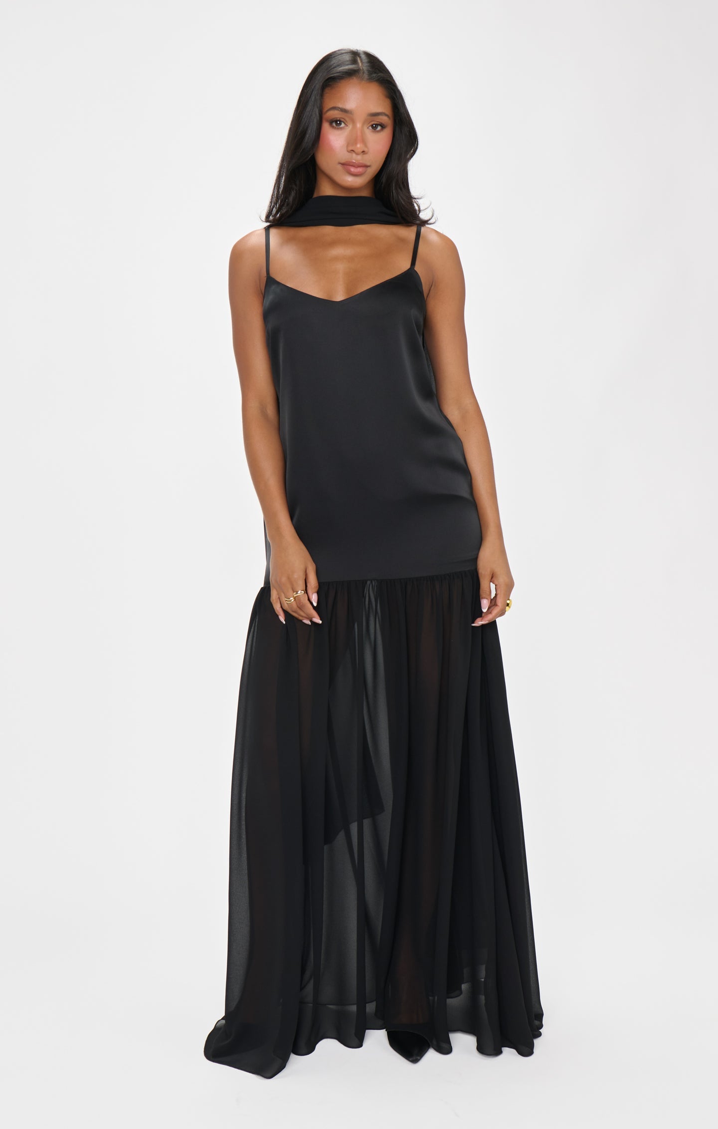 Lavienne Low Waist Sheer Maxi Dress with Scarf