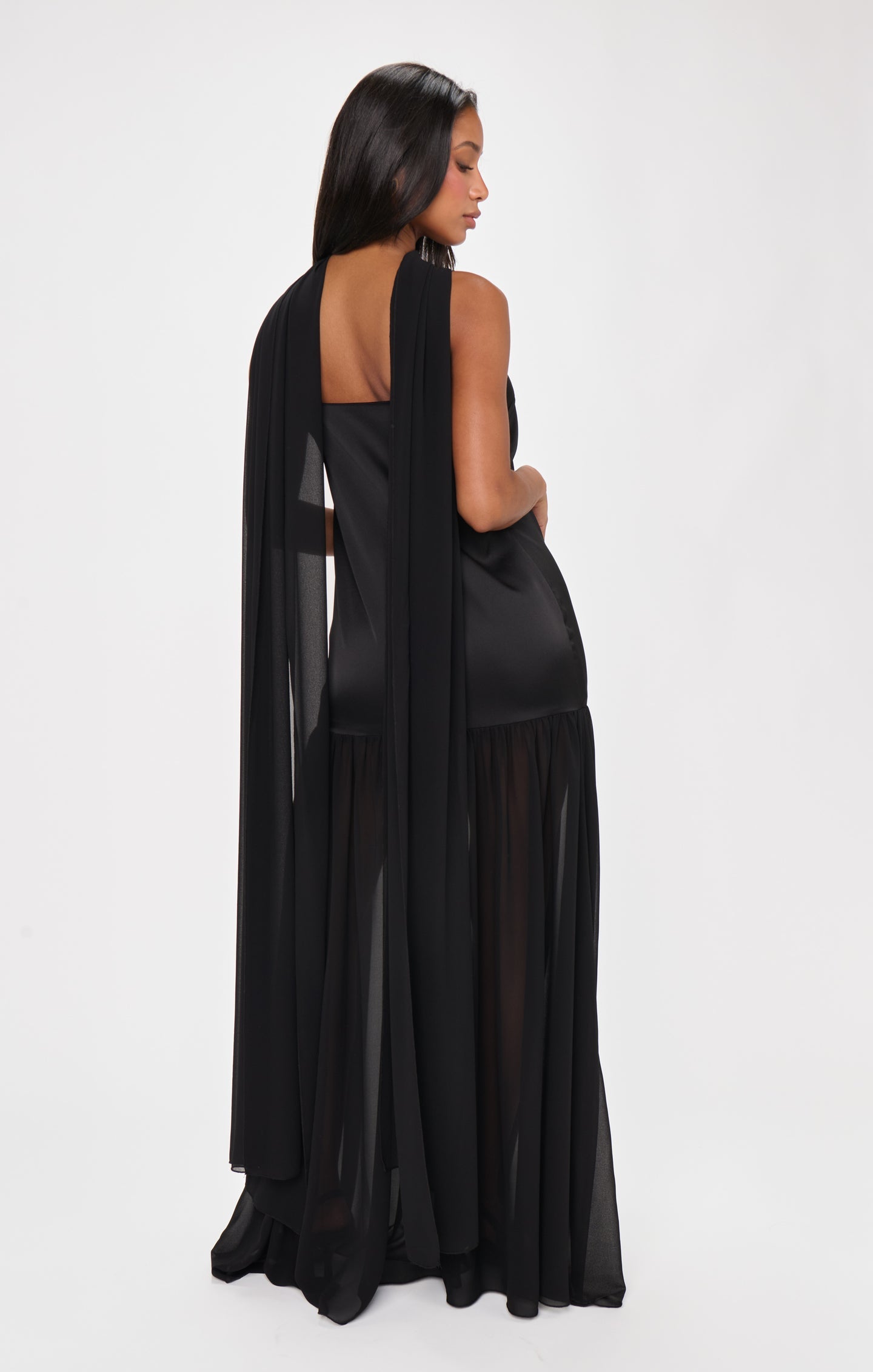 Lavienne Low Waist Sheer Maxi Dress with Scarf