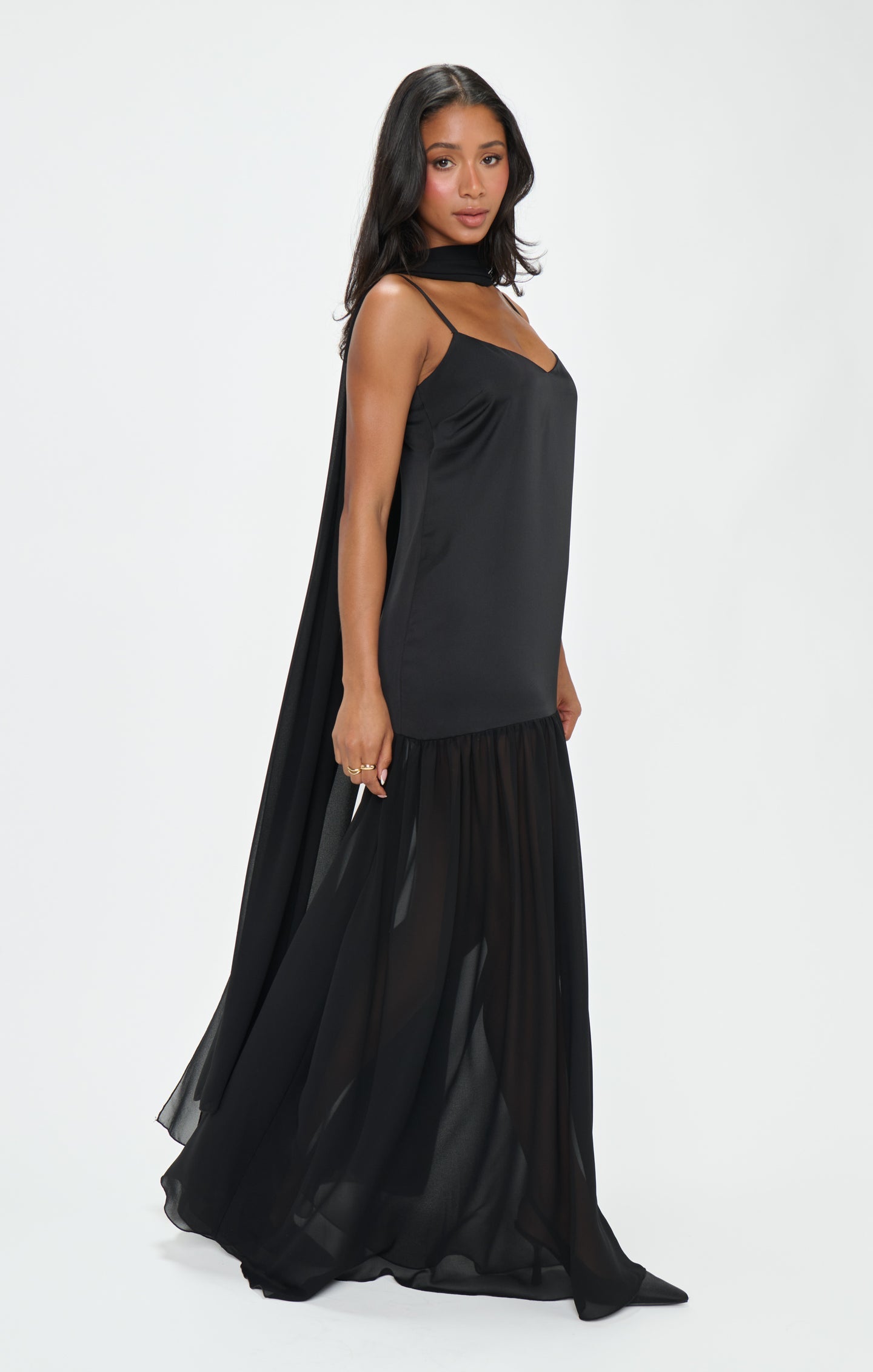 Lavienne Low Waist Sheer Maxi Dress with Scarf