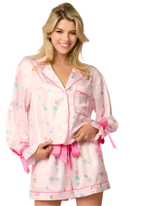 Pink Nutcracker Satin Pajama Set with Ribbon Details