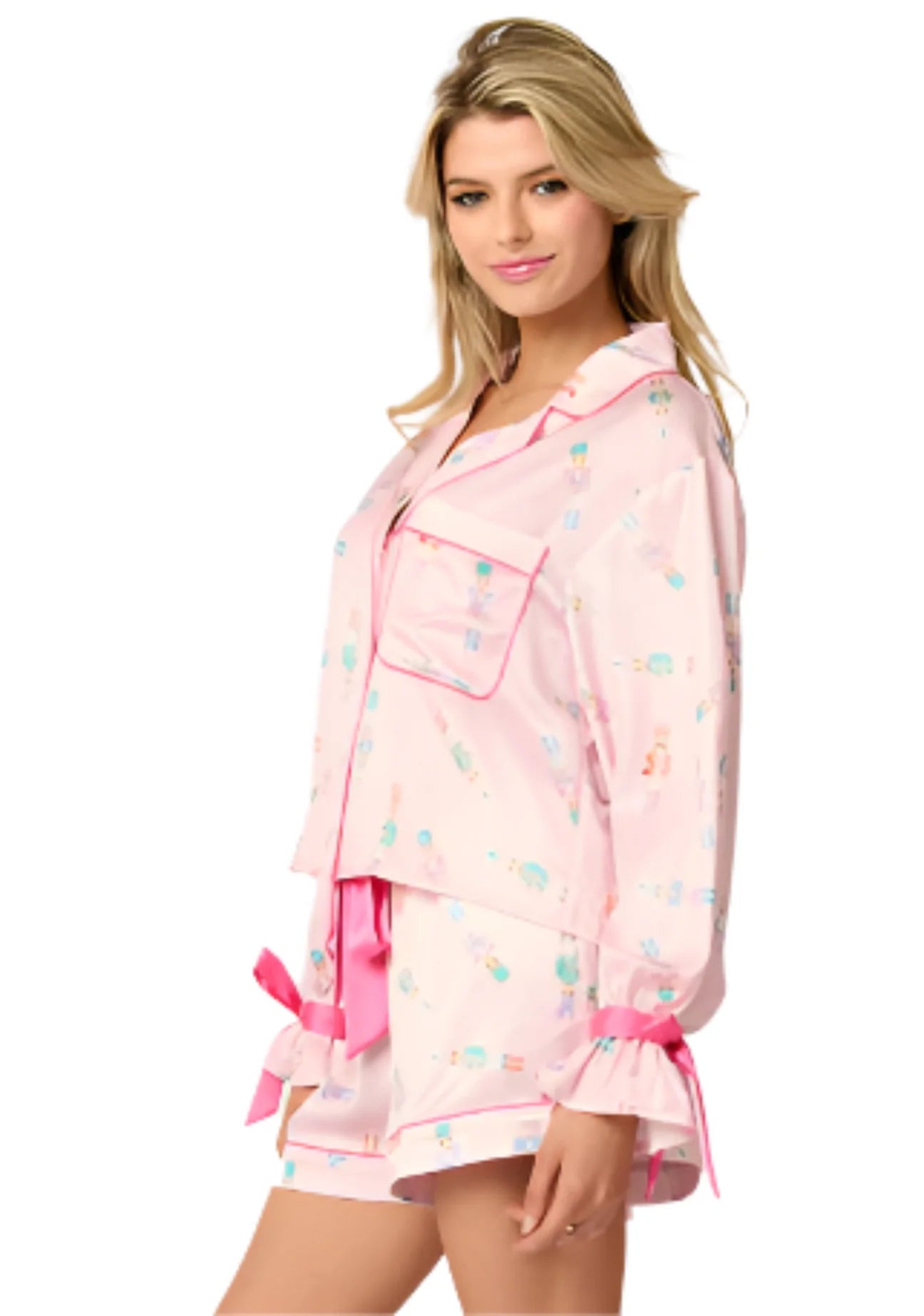 Pink Nutcracker Satin Pajama Set with Ribbon Details