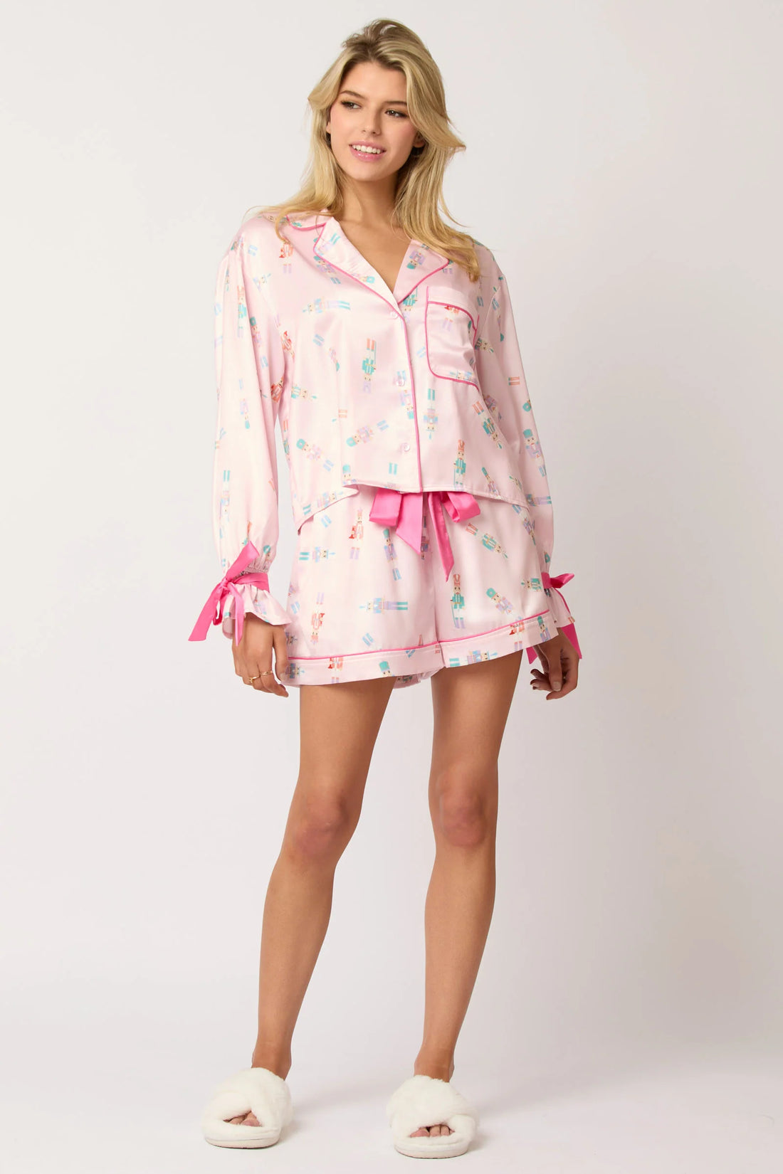 Pink Nutcracker Satin Pajama Set with Ribbon Details