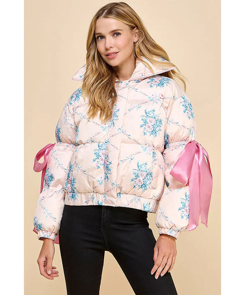 Floral Puffer Jacket with Ribbon