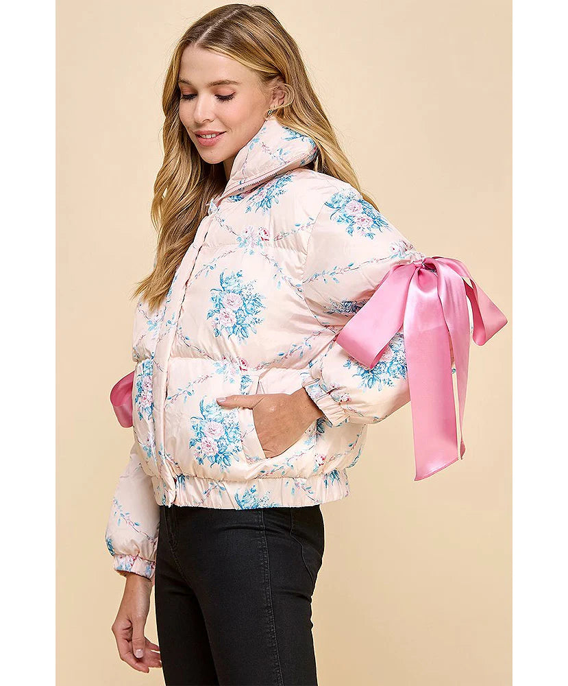 Floral Puffer Jacket with Ribbon