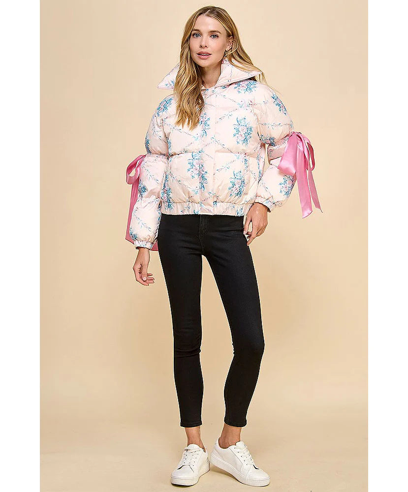 Floral Puffer Jacket with Ribbon