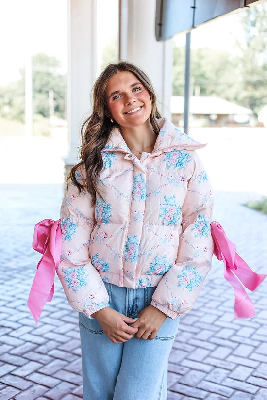 Floral Puffer Jacket with Ribbon