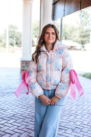 Floral Puffer Jacket with Ribbon