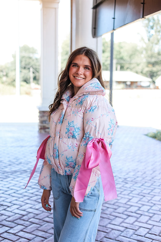 Floral Puffer Jacket with Ribbon