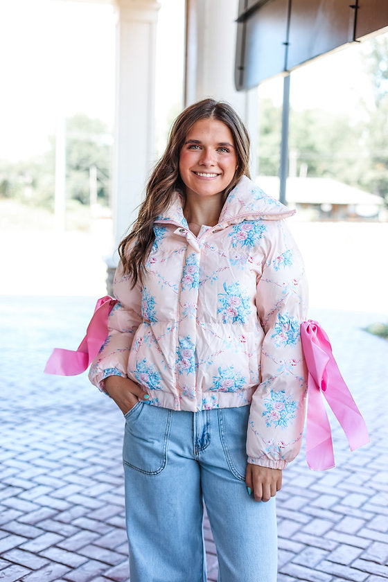 Floral Puffer Jacket with Ribbon