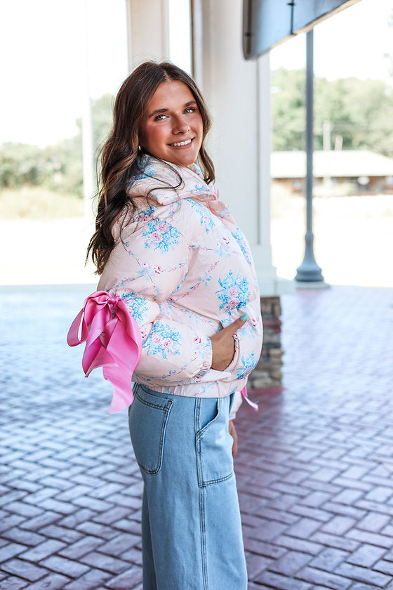 Floral Puffer Jacket with Ribbon