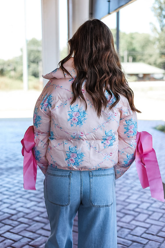 Floral Puffer Jacket with Ribbon