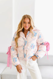 Floral Puffer Jacket with Ribbon