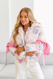 Floral Puffer Jacket with Ribbon