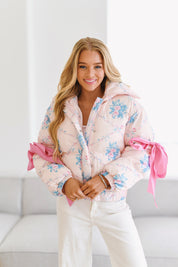 Floral Puffer Jacket with Ribbon