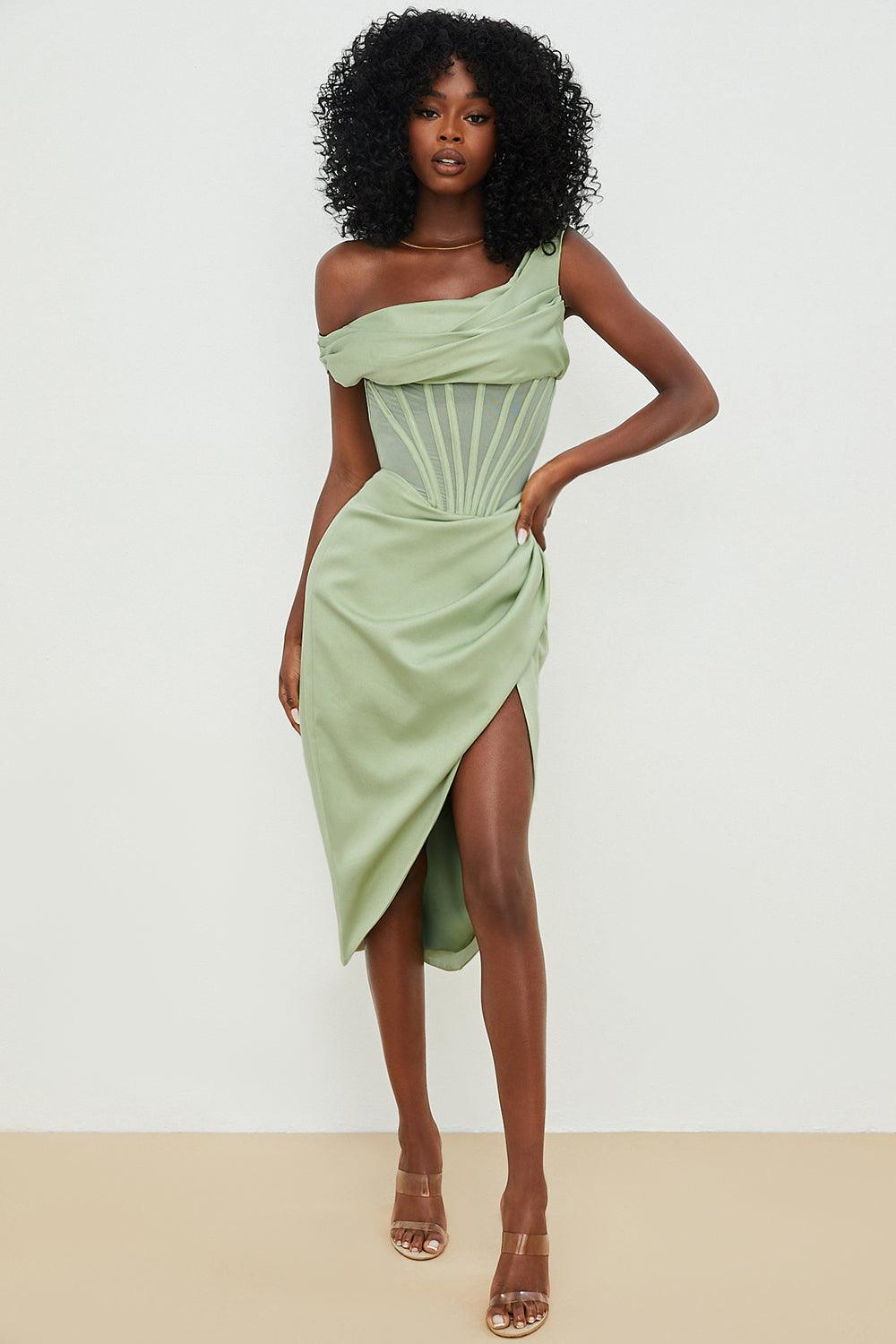 Draped Diva One-Shoulder Corset Bodycon Midi Dress