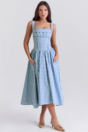 Charming Gingham Midi Dress with Pockets