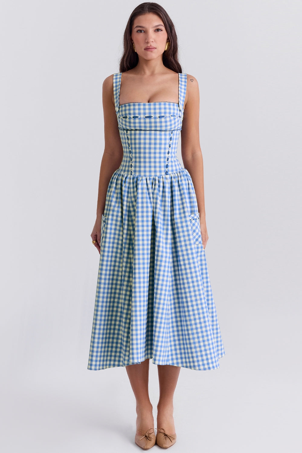 Charming Gingham Midi Dress with Pockets