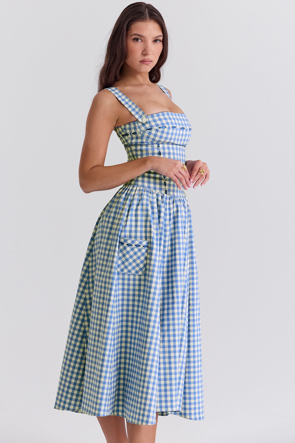 Charming Gingham Midi Dress with Pockets