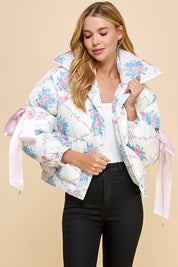 Floral Puffer Jacket with Ribbon