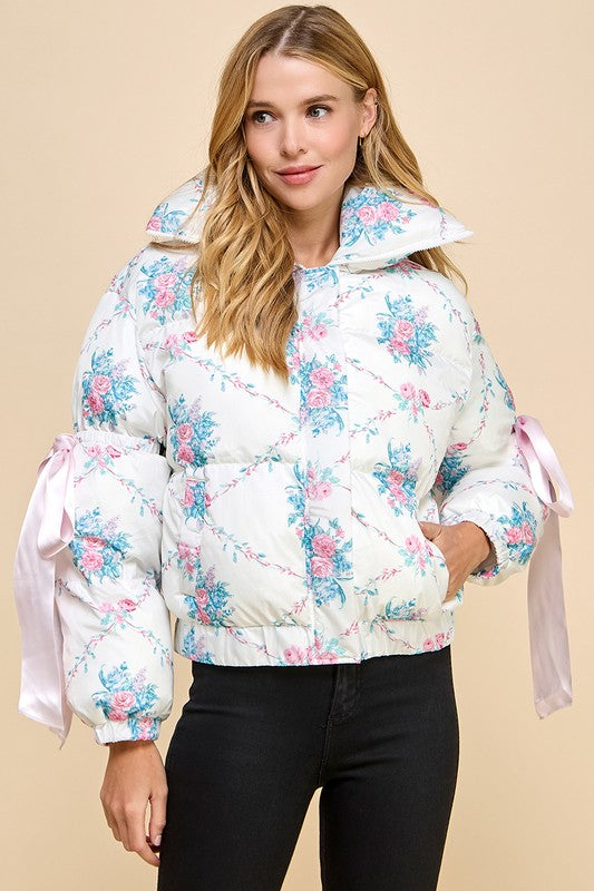 Floral Puffer Jacket with Ribbon