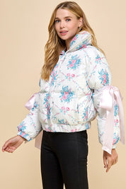 Floral Puffer Jacket with Ribbon