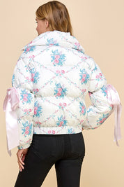 Floral Puffer Jacket with Ribbon