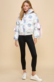 Floral Puffer Jacket with Ribbon