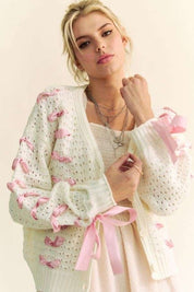 Lila Knitted Cardigan with Pink Bow Ribbon