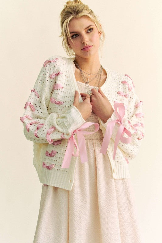 Lila Knitted Cardigan with Pink Bow Ribbon