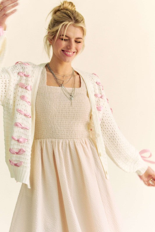 Lila Knitted Cardigan with Pink Bow Ribbon