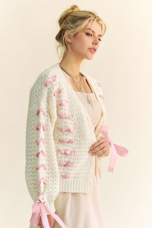 Lila Knitted Cardigan with Pink Bow Ribbon