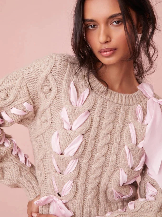 Arabella Cable Knit Sweater with Ribbon