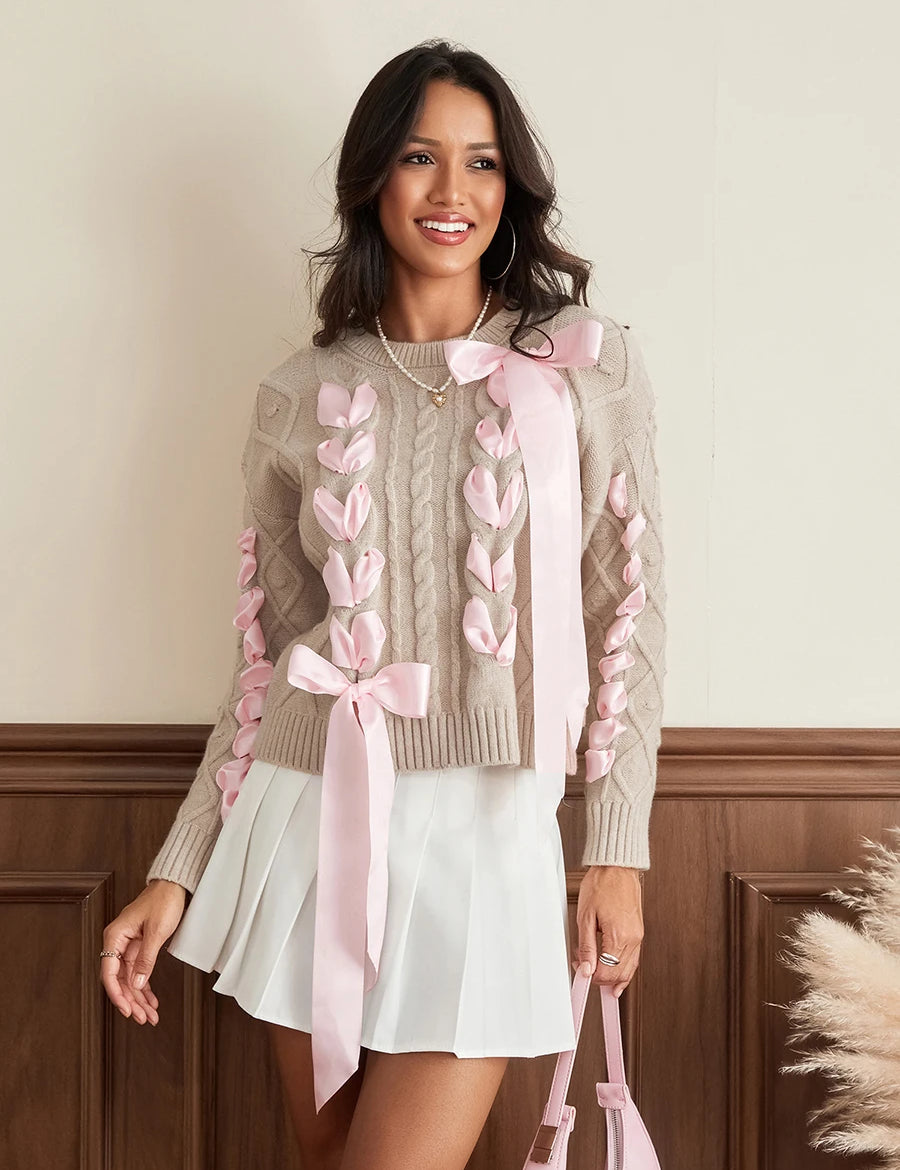 Arabella Cable Knit Sweater with Ribbon