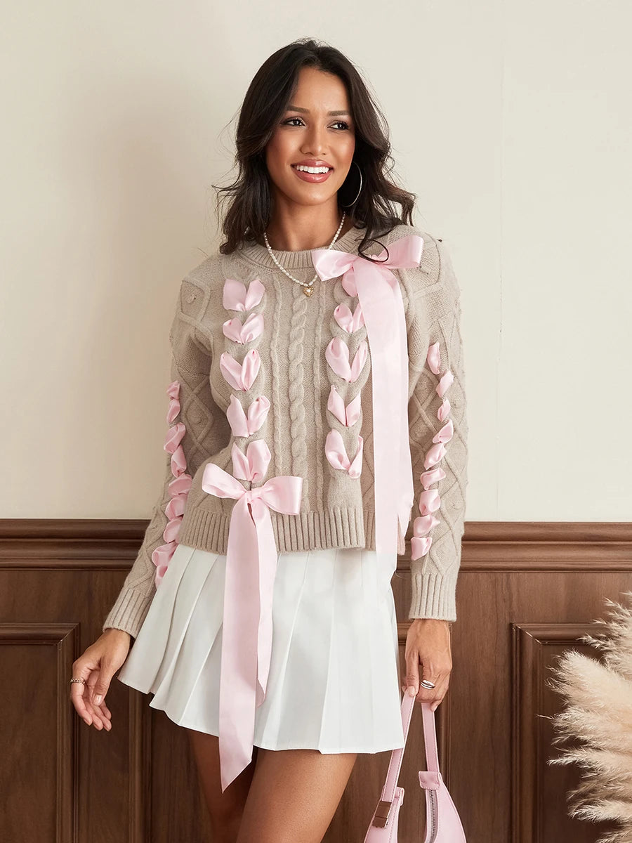 Arabella Cable Knit Sweater with Ribbon