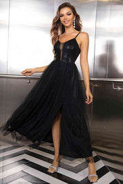 Twinkling Elegance Maxi Slit Glitter Dress with Tulle Hem