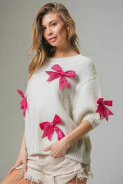 Sequin Bow Puff Sleeve Sweater