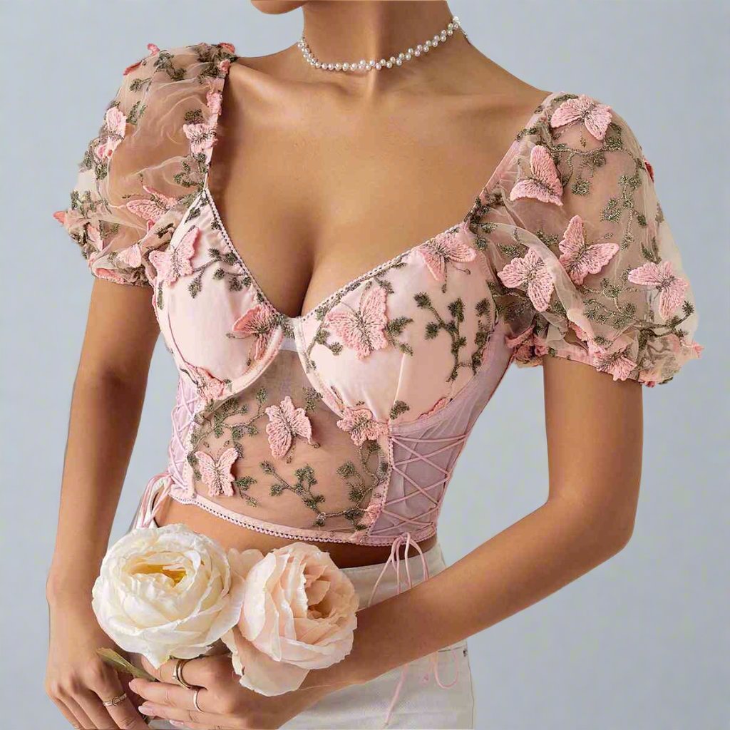 Butterfly Whispers Embroidery Mesh Corset Top